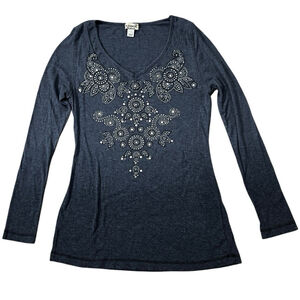 Vintage One World Y2K Embellished Long Sleeve Gray Shirt Size P Med Indie Grunge